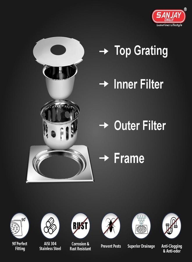 Sanjay Chilly Square German SS Floor Drain Pipe Hole with Cockroach Trap for Bathroom 304 Grade | Floor Drain Cover Jali Waste Water Drain Stainer (German Drain Gypsy Silver 6x6 Inch) - Image 4